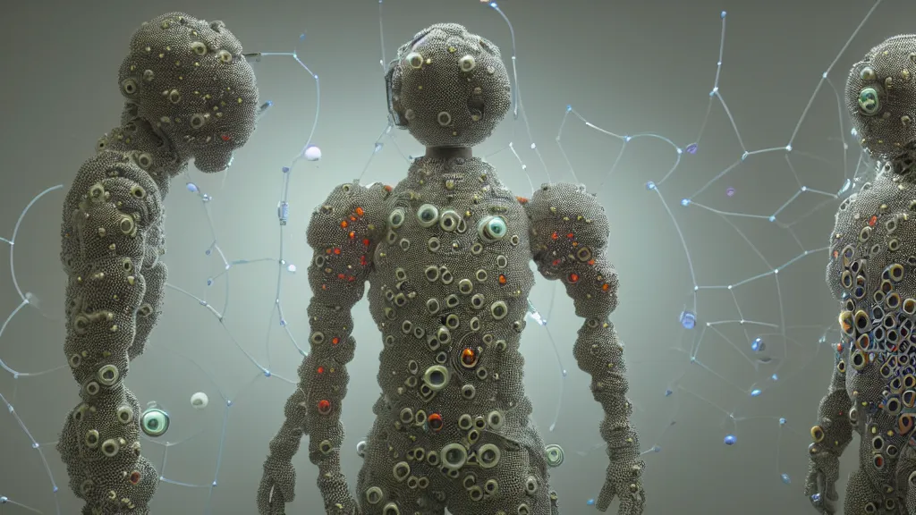 Image similar to a cybernetic symbiosis of a single astronaut mech-organic eva suit made of pearlescent wearing knitted shiny ceramic multi colored yarn thread infected with diamond 3d fractal lace iridescent bubble 3d skin dotted covered with orb stalks of insectoid compound eye camera lenses floats through the living room, film still from the movie directed by Denis Villeneuve with art direction by Salvador Dalí, wide lens,kevlar,carbon fiber,ceramics,gaseous materials,