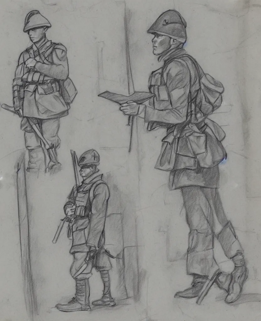 Prompt: sketchbook pages, stil frames of a drawing of a soldier from wwii writing a letter to home, stop motion, minimal, black and wite