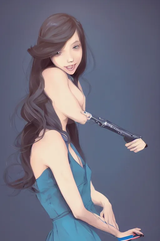 Prompt: a platypus with the body of an urban school girl in a gown, dark blue long hair, muted colors, matte print, pastel colors, ornate, digital art, cute smile, digital painting, fan art, elegant, pixiv, by Ilya Kuvshinov, by Studio Ghibli