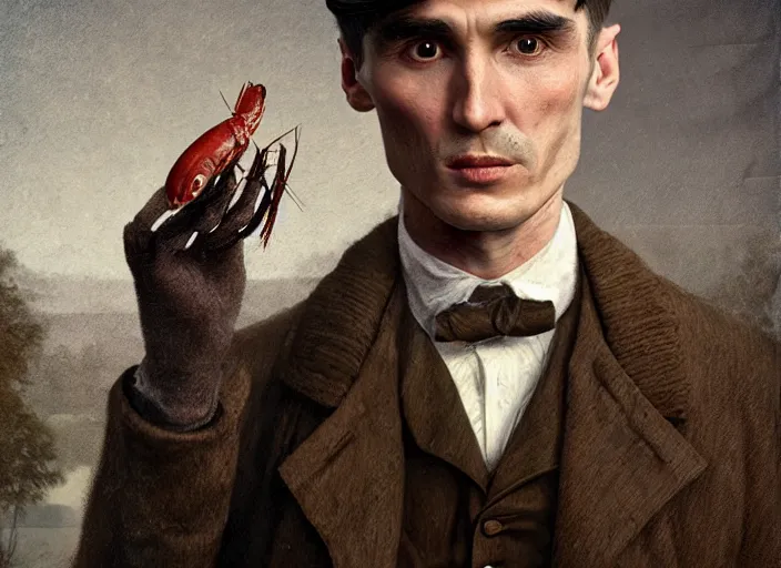 Prompt: thomas shelby with a shrimp on the head, lowbrow, matte painting, 3 - d highly detailed, in the style of mark ryden,