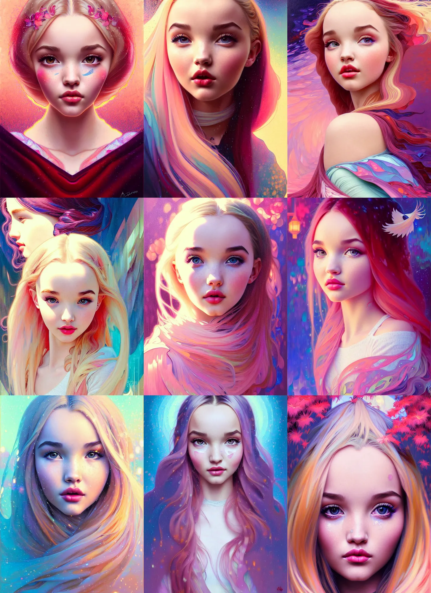 Prompt: a mix of dove cameron and madison beer peaking on ecstasy and glistening with sweat, dilated pupils, rorsach path traced, highly detailed, high quality, digital painting, alena aenami, lilia alvarado, shinji aramaki, karol bak, alphonse mucha, tom bagshaw