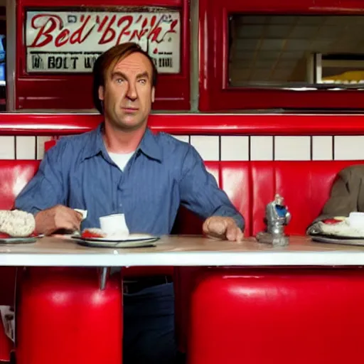 Image similar to saul goodman at a 5 0 s diner with red booths, still from breaking bad