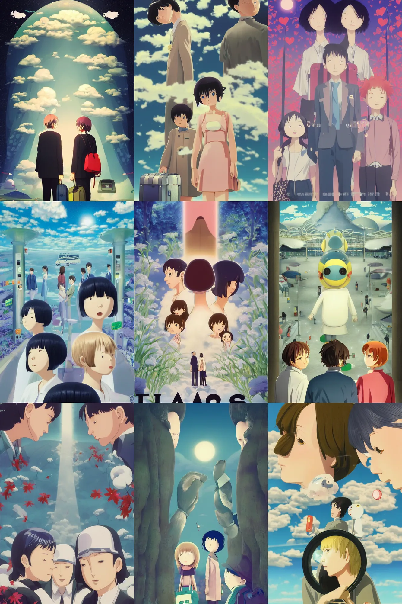 Prompt: time at a airport baggage claim solving epic mysteries, Klaus Movie Twins poster, fine artwork by Chiho Aoshima, a Rendering illustration of a cinematic beautiful closeup moment of three friends standing facing toward their love, perfect face and body, full of details, full view, Matte painting, trending on artstation, Mamoru hosoda