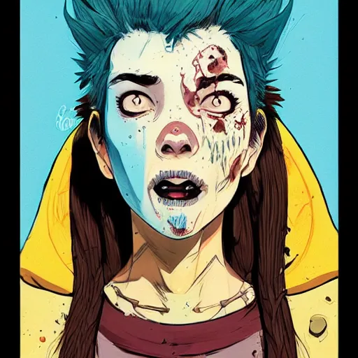 Image similar to Highly detailed portrait of a punk zombie young lady by Atey Ghailan, by Loish, by Bryan Lee O'Malley, by Cliff Chiang, inspired by image comics, inspired by graphic novel cover art !!!Yellow, brown, black and cyan color scheme ((dark blue moody background))