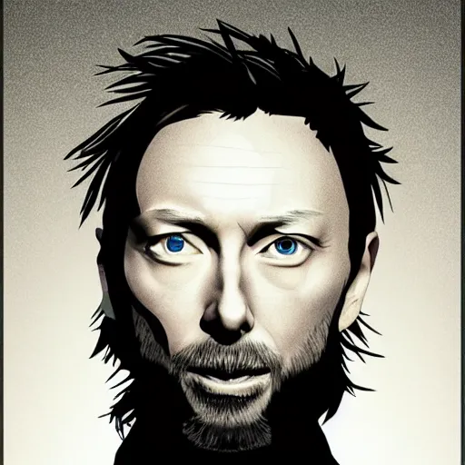 Image similar to thom yorke, pretty face, more details, in style by evangelion,