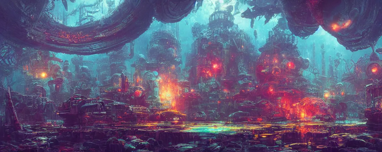 Image similar to ” underwater otherwordly city, [ deepsea, cinematic, detailed, epic, widescreen, opening, establishing, mattepainting, photorealistic, realistic textures, octane render, art by slop and paul lehr ] ”