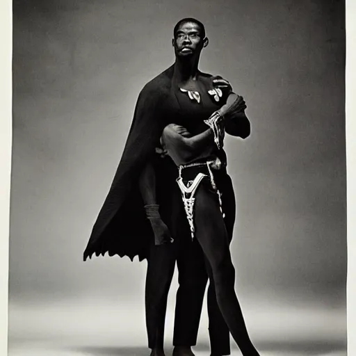 Image similar to a handsome african man and the black panther, black and white, by richard avedon,