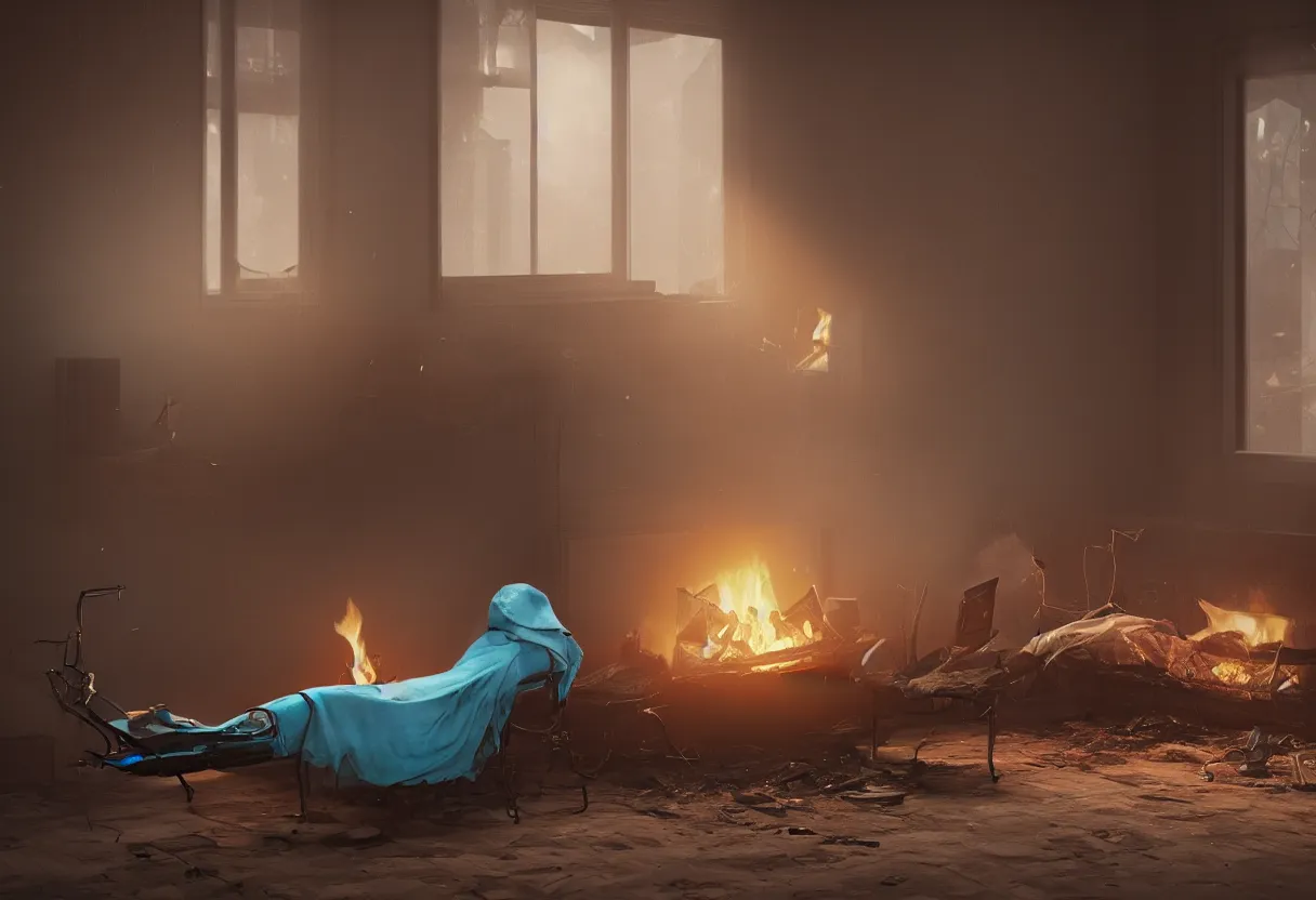 Image similar to intimate photograph of one single lone solitary cerulean and brown decaying futuristic robot lying on a frayed fainting couch in front of a beautiful fireplace with a cozy fire, in a dusty Victorian home, soft morning light seeping in a window, with cinematic lighting and lens flare, tall ceiling, octane render, cgsociety, by Simon Stalenhag and Rouhollah Toghyani and Sylvian Boussiron and Alfonso Cuaron, highly detailed closeup portrait, award-winning highly detailed 8k anamorphic closeup tight cinematic movie photograph