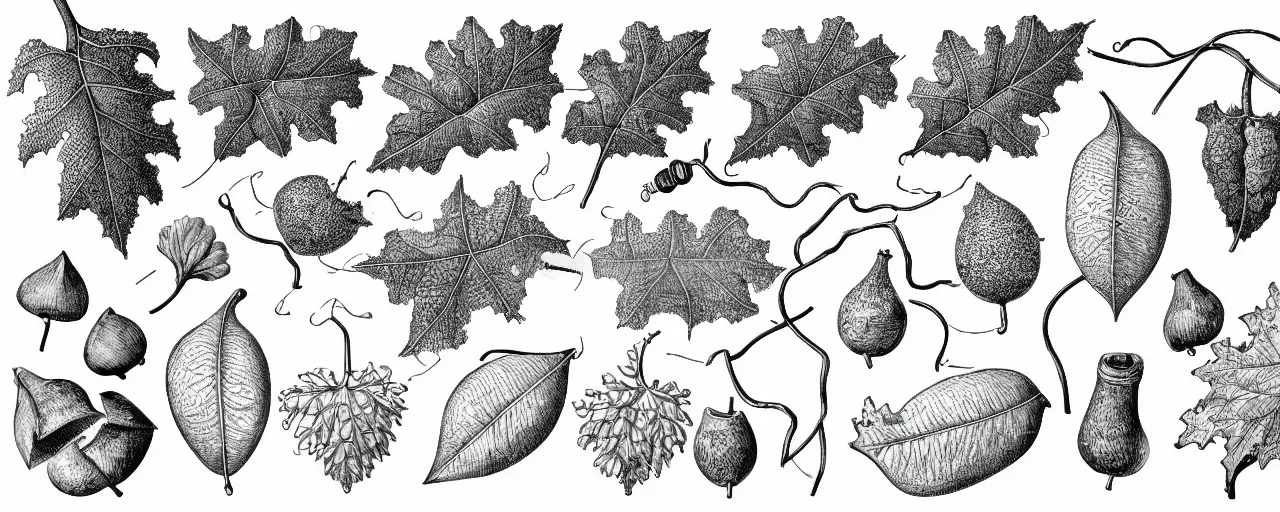 Image similar to a full page schematic diagram illustration of a vine leaves and acorns from an oak tree, ultra detailed, 4 k, intricate, encyclopedia illustration, fine inking lines