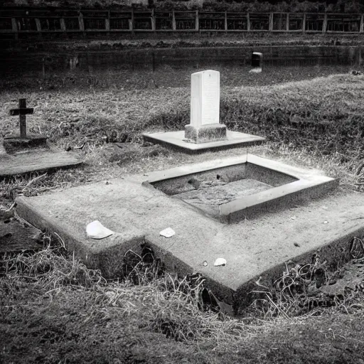 Image similar to The land art shows a grave that has been flooded with water. The grave is located in a cemetery in Italy. The water in the grave is dirty and there is trash floating in it. The grave is surrounded by a fence. by Johannes Voss desaturated