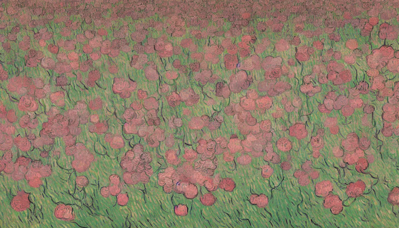 Prompt: pink fox head popping out of a field of flowers by Van Gogh, minimalist, detailed