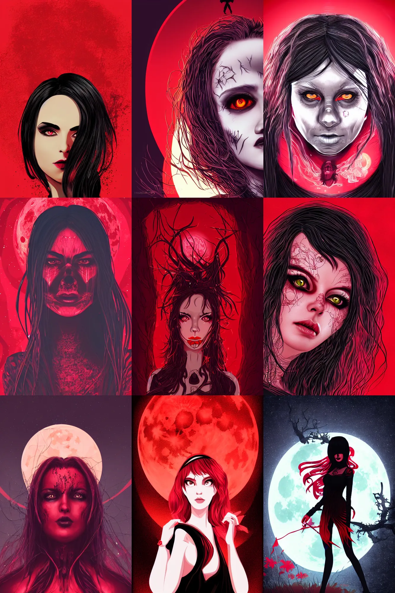 Prompt: close up portrait of a dark witch in front of the full big moon, red background, vector graphic, detailed, HDR, CGsociety