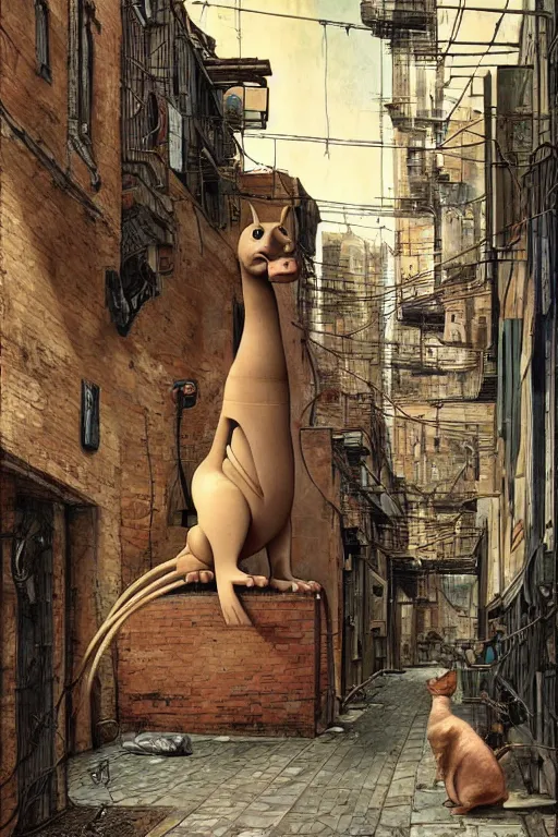 Image similar to a robotic sphynx cat!!, in a cyberpunk alleyway by sandro botticelli