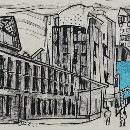 Image similar to The drawing depicts a police station in the Lithuanian city of Vilnius. In the foreground, a group of policemen are standing in front of the building, while in the background a busy street can be seen. screen printing by Heinrich Kley, by Wilfredo Lam daring, evocative