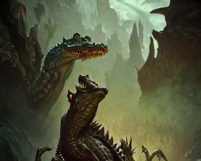 Image similar to forsaken crocodile god, cinematographic shot, deep focus, d & d, fantasy, intricate, elegant, highly detailed, digital painting, artstation, concept art, matte, sharp focus, illustration, hearthstone, magic the gathering, art by wesley burt and artgerm and alphonse mucha
