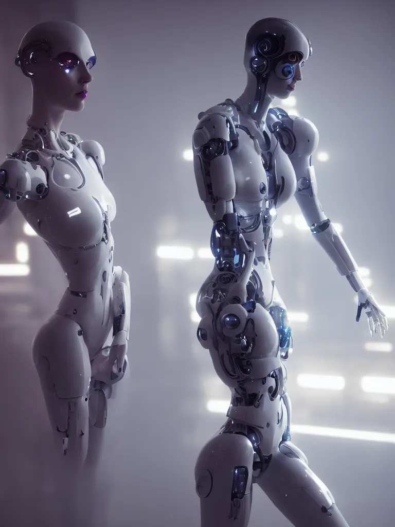 Image similar to cinematic shot of a cyborg woman with a porcelain body, perfect body, athletic, delft porcelain, led details, blade runner, ghost in the shell, futuristic, 8 k resolution, hyperdetailed, beautiful lighting, octane rendered, poser, photorealistic, exquisite details