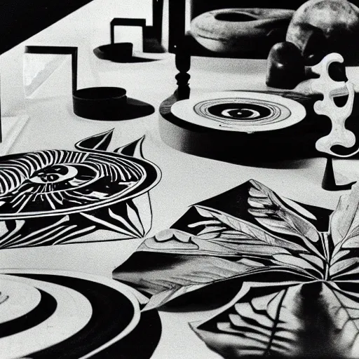 Image similar to A black and white photography of an exhibition space with objects of Sun Ra, Marcel Duchamp and tropical plants, 60s, offset lithography print, close up shot