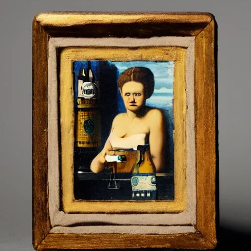 Image similar to A pint of beer sitting on a bar as painted by Joseph Cornell