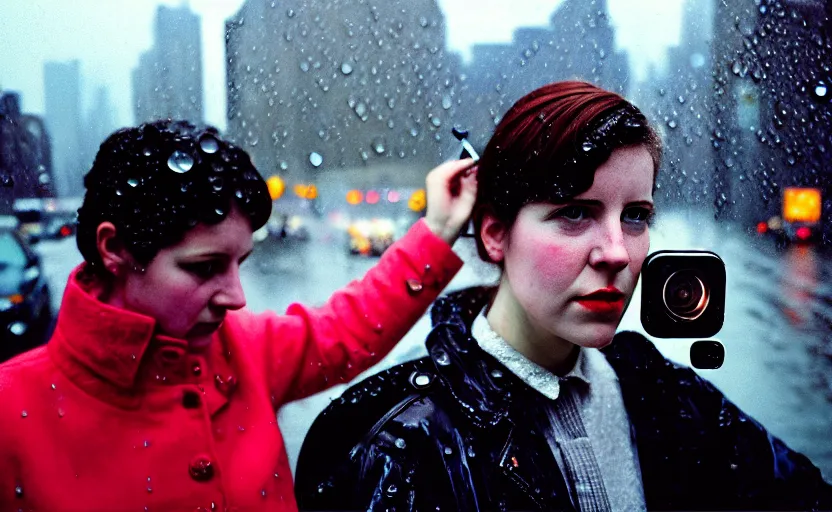 Image similar to cinestill selfie with iphone and mechanical monstrosity, hyperdetailed, by vivian maier,, pouring rain menacing lights shadows, 8 k, hd, high resolution, 3 5 mm, f / 3 2, ultra realistic faces, ex machina