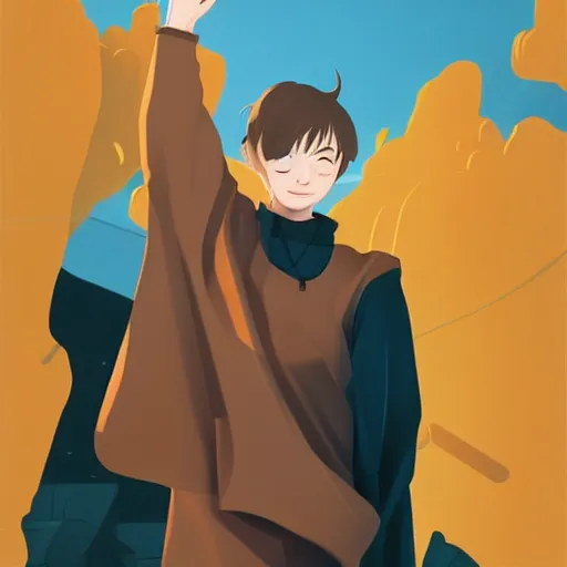 Image similar to blonde boy wearing a brown cape and flying in t pose, yellow eyes, clean cel shaded vector art. shutterstock. behance hd by lois van baarle, artgem, helen huang, by makoto shinkai and ilya kuvshinov, rossdraws, illustration