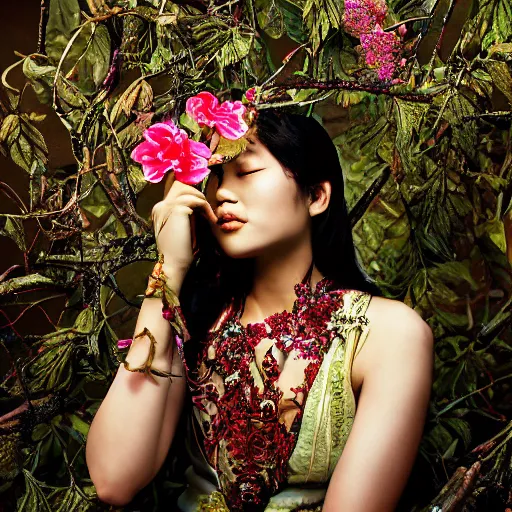 Image similar to photography of the asian queen sitting in the flower thorn, beautiful face, masterpiece costume, jewellery, high quality, elegant, emotionally touching, cool, deep gaze, mystery, tenderness, joe mcnally style