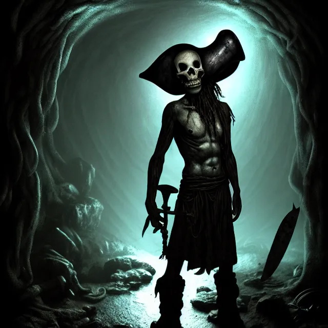 Prompt: photo of a ghostly pirate head and torso, holding a cutlass, and standing in a grotto, photorealistic, dark, atmospheric lighting, lovecraft, art by lee gibbons, intricate, ultra detailed, well composed, best on artstation, cgsociety, epic, stunning, gorgeous, intricate detail, wow, masterpiece