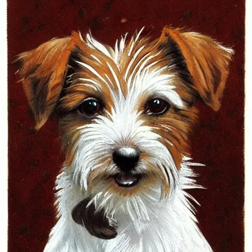 Image similar to a high quality painting of a very cute scruffy wire haired jack russell terrier puppy, white with chocolate brown spots, brown patches over both eyes. friendly, curious expression. painting by norman rockwell