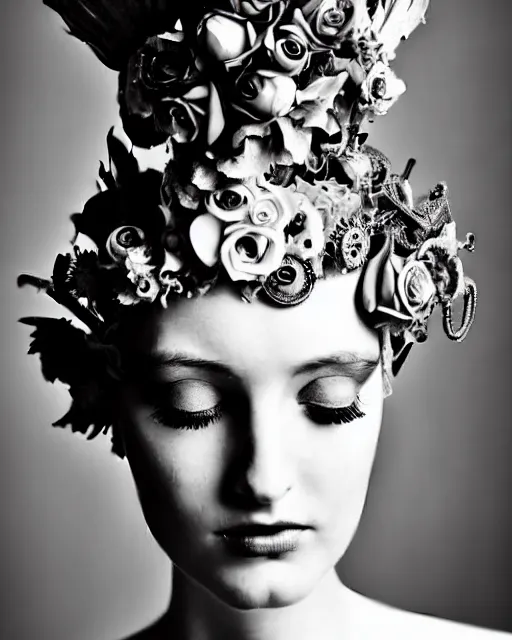 Image similar to a black and white high quality dreamy photo of a young beautiful female queen-pale dragon-vegetal-cyborg bust with a very long cyborg neck and a steampunk flower crown, elegant, highly detailed, poetic, soft, dreamy, mysterious, high fashion, in the style of Horst P. Horst, Metropolis, Realistic, Refined, Digital Art, Highly Detailed, Cinematic Lighting, rim light, black and white, photo-realistic, 8K