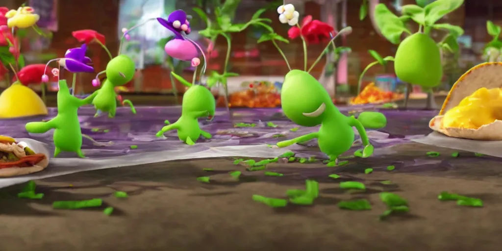 Prompt: pikmin inside of taco bell, realistic, found footage