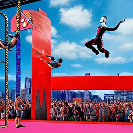 Prompt: huge bold beautiful number 6 in the middle of the ninja warrior competition set , hyper-realistic, ultradetails, intricate by mc esher and René Magritte