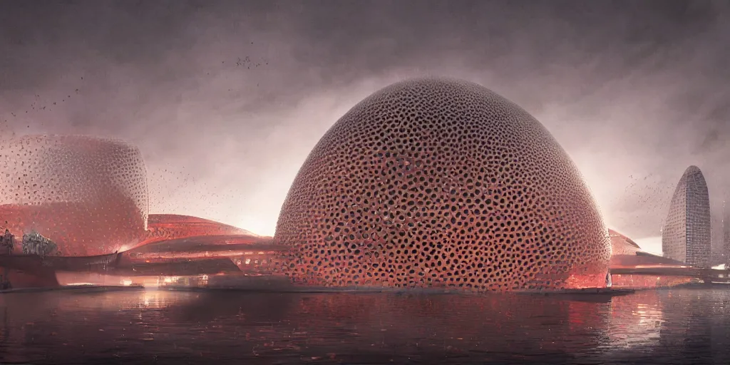 Image similar to An epic architectural rendering of a blob shaped trypophobia house with a mysterious red glow emitting from inside in a modern cityscape next to a river, by Zaha Hadid and Greg Rutkowski, tunning, gorgeous, golden ratio, photorealistic, featured on artstation, 4k resolution