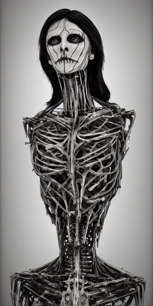 Image similar to priestess, luminous veins, style of ravens stormy sky of foreboding, dora maar and cecile beaton, occult, cinematic, robotic bust, skeletal omens, volumetric light, rim light, gothic, 8 k