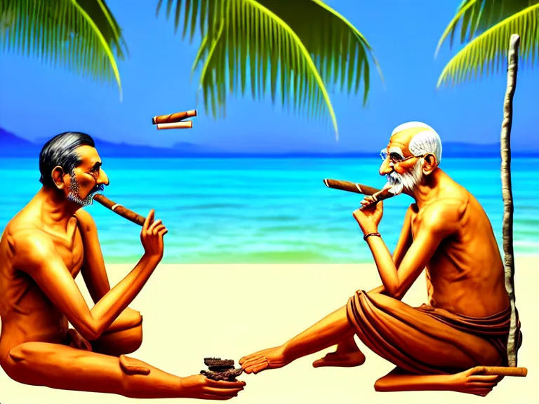 Prompt: side view of gandhi holding a cigar, sitting on a beach, next to a campfire, with palm trees and different types of beach animals parrot turtle lizard crab coconuts in the back, glorious lighting, epic environment, highly detailed, digital art, hyper realistic