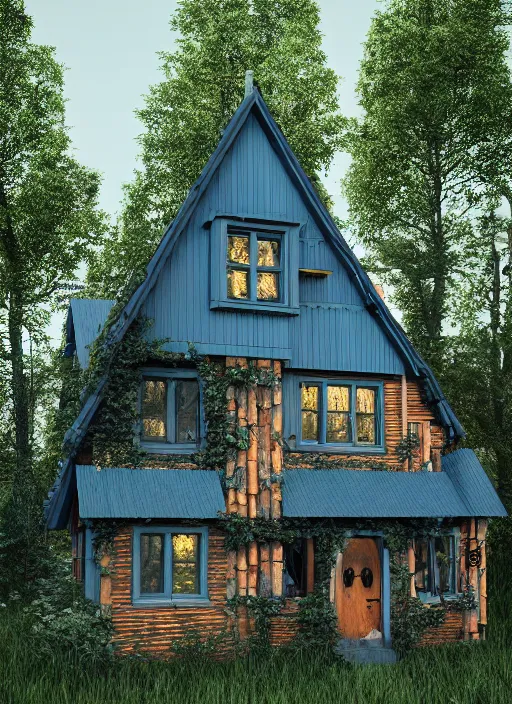 Image similar to hyper realistic homely ornate modern witch cottage far awqyb in the woods gorgeous lighting, blue sky, highly detailed, lush forest architectural render, octane render, ue 5 raytraced