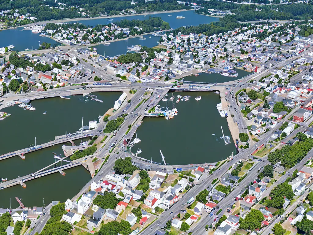 Image similar to bird's eye view photo a small city with shops, shipping dock, and beach to the south. a bridge crosses the inland bay, with a town hall, marketplace, and towers to the north. there is a field in the middle of the city. small hills and woods north of the city