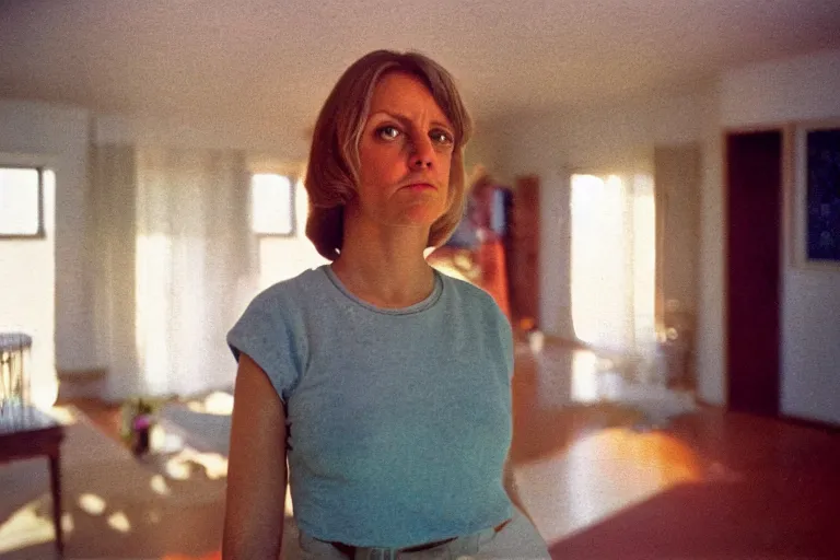 Image similar to backlit photograph of woman standing in front of object radiating esoteric energy in suburban living room, crisp focus, highly detailed, in george hardie style, 3 5 mm ektachrome