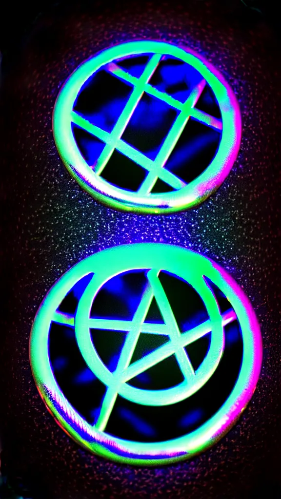 Image similar to iridescent chrome metal hyperrealistic photorealistic cybergothic hologram of an occult esoteric rounded symbol sharpened intricate photorealistic photograph centered subject on black background