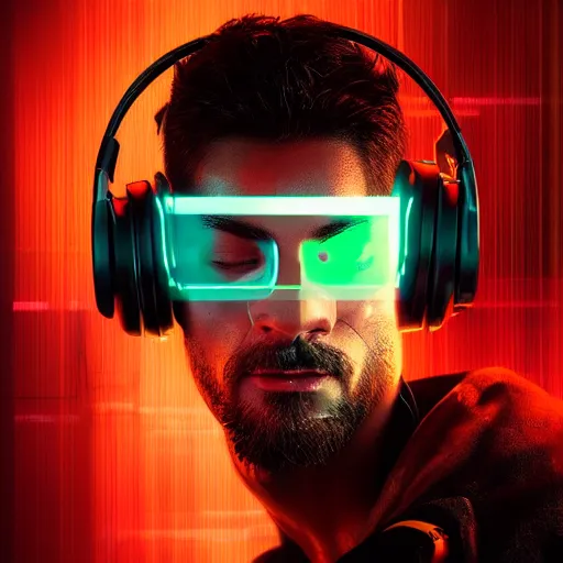 Image similar to electronic dj portrait, dj performing live streaming to online, cyberpunk 2 0 7 7, cyberpunk, photorealistic, ultra detailed, neon, octane, bokeh, cinematic lighting, cyber, cyberpunk city, headphones, studio quality, feature, scars, cyberface, 8 k