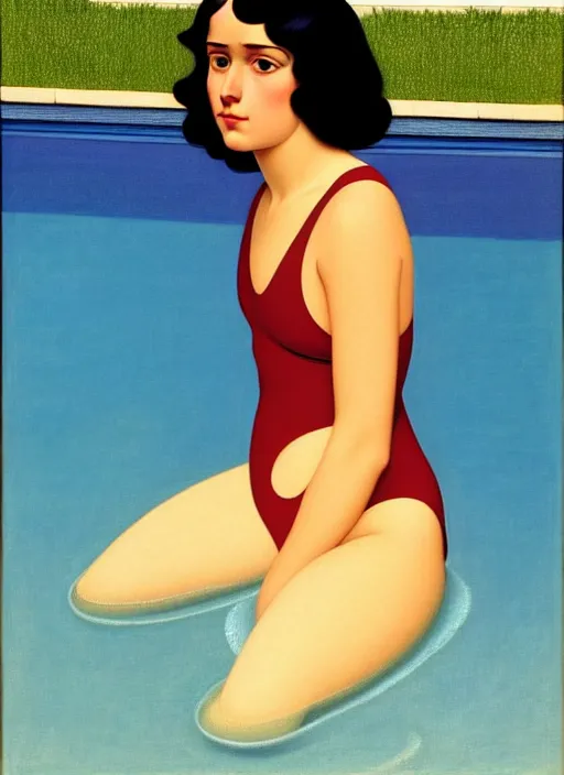 Image similar to portrait of a girl, in retro swimsuit, lying by the pool, minimalist oil painting by john godward, flat colors, beautiful lightning, sharp