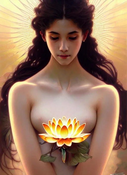 Image similar to perfectly detailed lotus!!! blessed by nature with ever - increasing physical mental perfection, symmetrical! intricate, sensual features, highly detailed, biblical divine holy perfection!! digital painting, artstation, concept art, smooth, sharp focus, illustration, art by artgerm and greg rutkowski and alphonse mucha