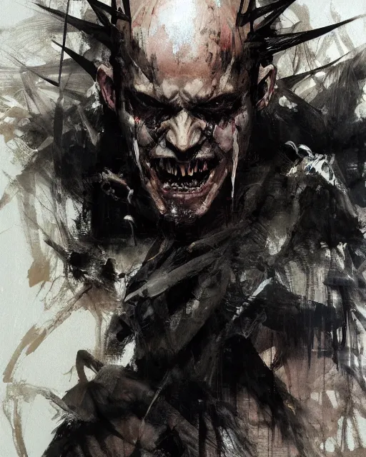 Image similar to bald man with spikes through his eys and skullwide evil grin, black robe, painting by yoji shinkawa, alphonse murac, craig mullins, sui ishida, yoshikata amano, collaborative painting, very detailed and high quality, 4 k, 8 k, artstation