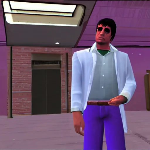 Prompt: screenshot of tony montana as a character in grand theft auto vice city videogame
