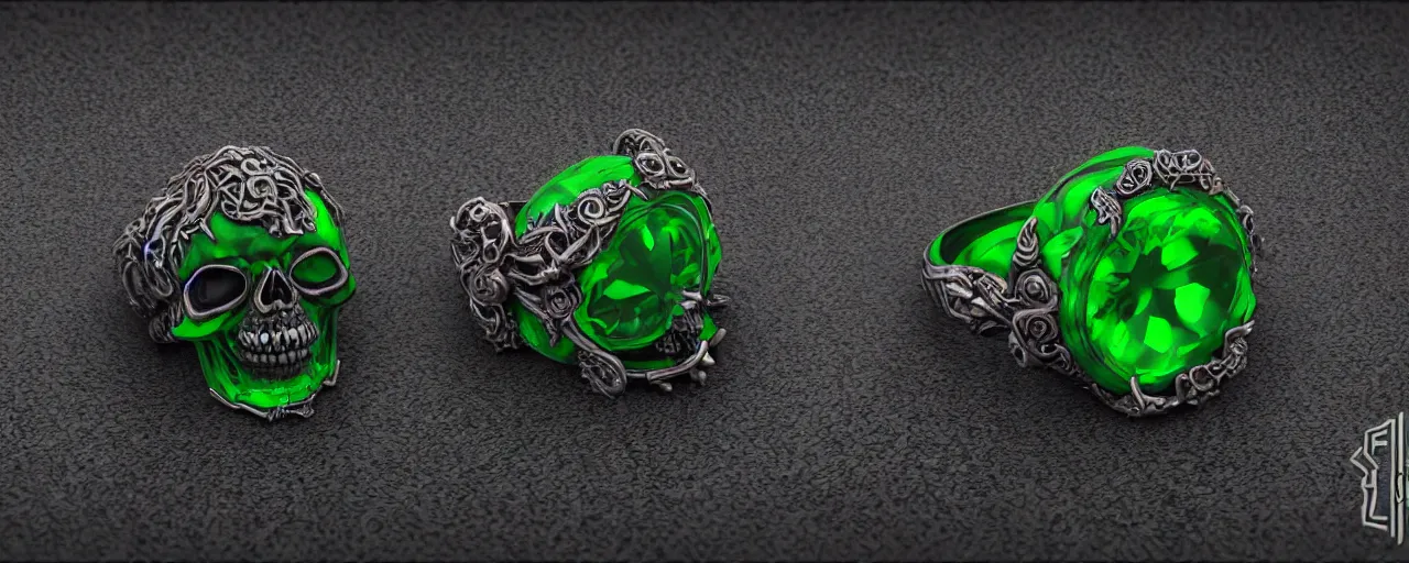 Image similar to simple magic ring of poison, ring, skull, tentacles, green, black, purple. smooth shank, crystals, engravings, product design, jewelry, colorful, art by gerald brom, greg rutkowski and artgerm, photo realism, unreal engine, c 4 d