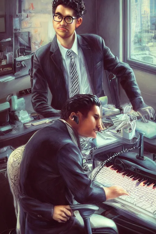 Prompt: painting of a young mexican man with short curly hair sitting at his work desk with an incredibly fancy mechanical keyboard, by artgerm and yoshitaka amano, trending on artstation