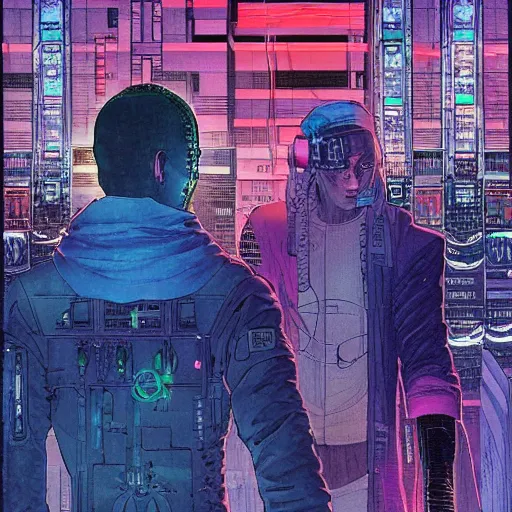 Image similar to Neuromancer cyberpunk cover in Moebius style, energetic