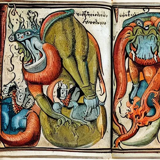 Image similar to medieval bestiary of repressed emotion monsters and creatures starting a fiery revolution in the psyche