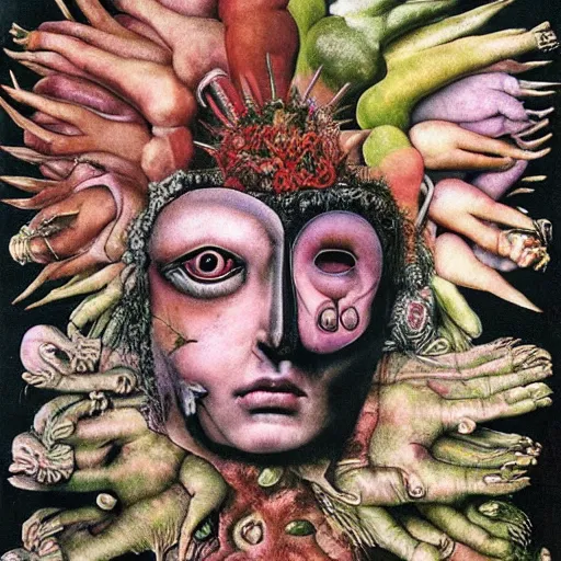 Image similar to post - punk new age album cover, magic, apocalypse, psychedelic, black white pink, magic, giger h. r., giuseppe arcimboldo