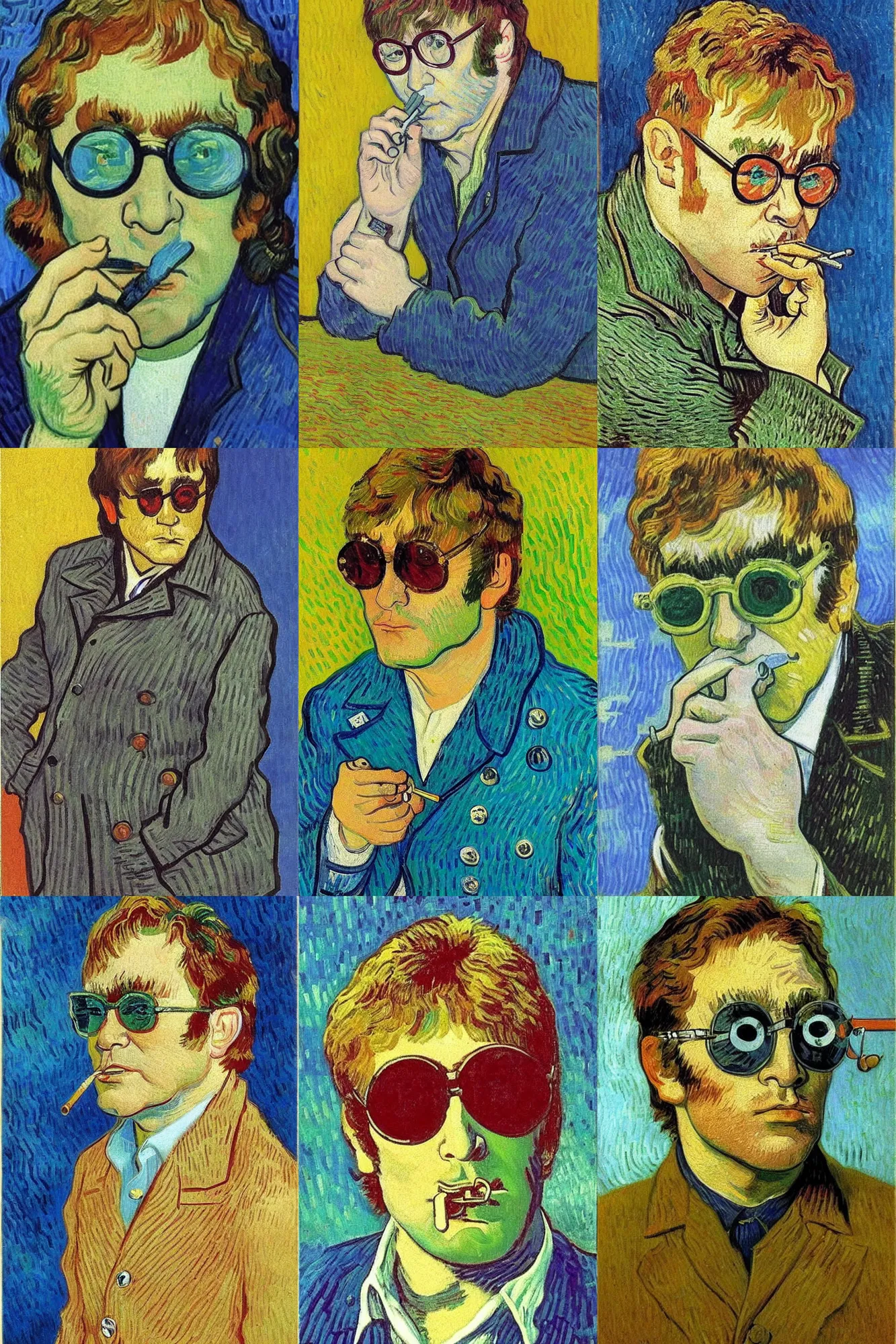 Prompt: Portrait of Elton John Lennon smoking in 1970 by Van gogh