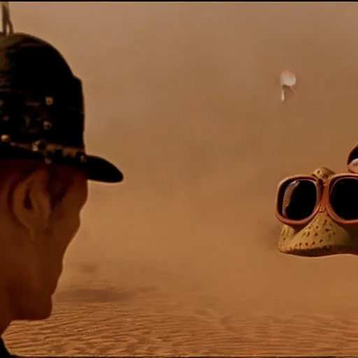 Prompt: frame from movie rango (2011), movie madmax fury road (2015) in a sandstorm