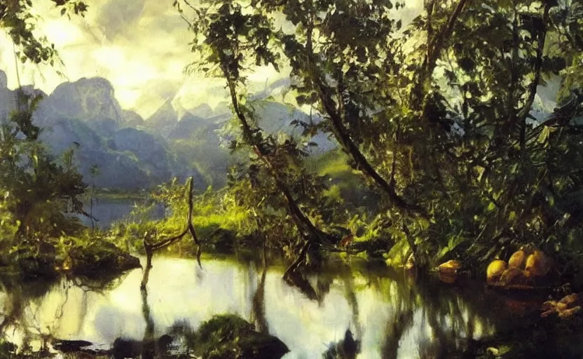 Prompt: oil painting lanscape by anders zorn, jungle nature, fruit trees, very very very very beautiful art, dramatic light, water reflections, tall rocky mountains